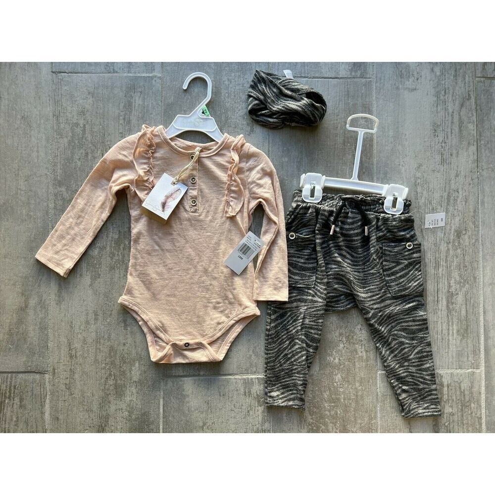JESSICA SIMPSON Long Sleeve Ruffle Bodysuit, Pants & Headband Outfit Set NEW 18M